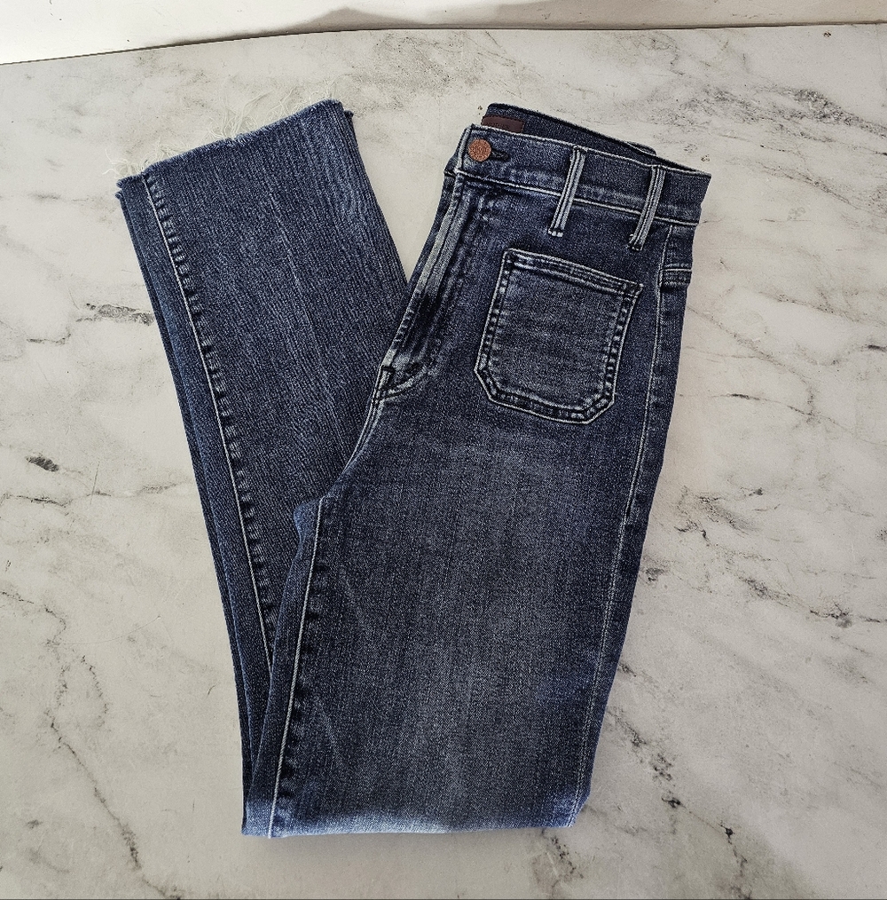 MOTHER The Hustler Ankle Fray Patch Pocket Straight Leg Blue Jeans 25 Preowned - Picture 5 of 12